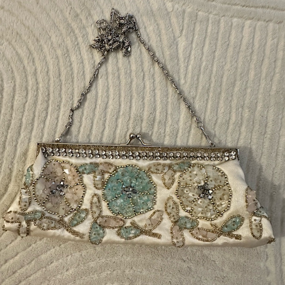 Cream and Green Floral Clutch with Silver Chain